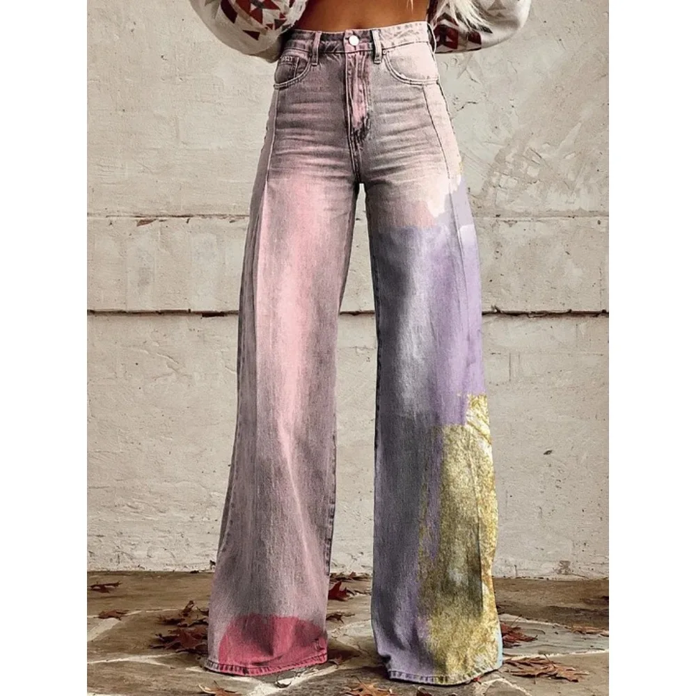 Harajuku Bohemian Art Print Palazzo-Hose mit hoher Taille und weitem Bein, Baumwolle, lässige, locker sitzende Hose mit Taschen, Damen-Punk-Hose – Detail 17