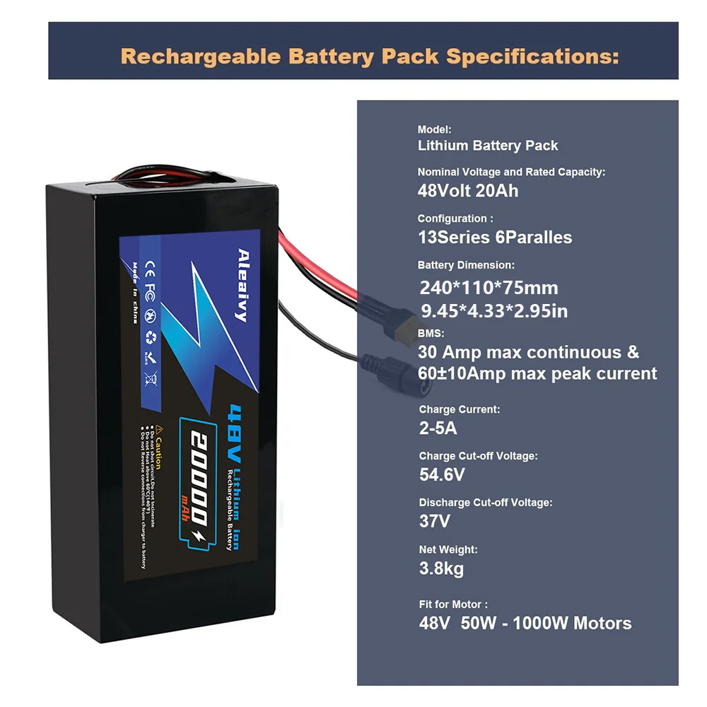 Long Range 36V 48V 12Ah Lithium Battery with 30A BMS, Rechargeable for Bicycle Conversion Kit 500W 750W 1000W