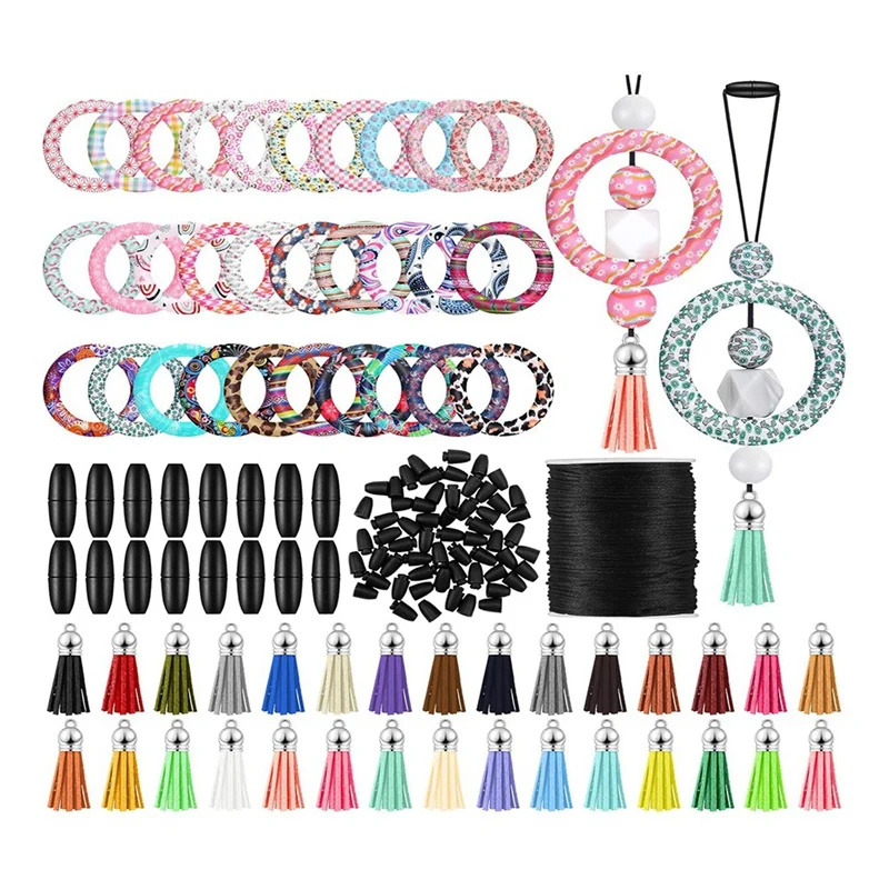 

30 Sets Silicone Beaded Ring Making Kit 65Mm Round Silicone Bead Rings And Keychain Tassels Bulk For DIY Keys Easy To Use