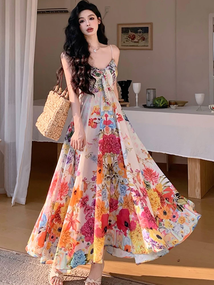 2025 New Boho Floral Chic Bow Sling Sexy Long Dress Summer Elegant Luxury Party Evening Dress Women Korean Bodycon Casual Dress