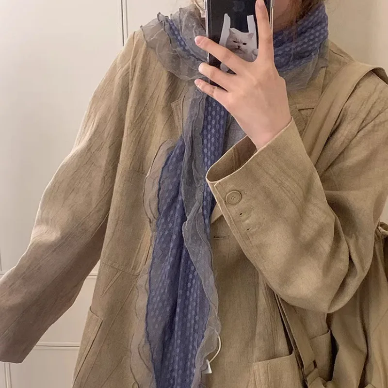 Shawl Gray Blue Polka Dot Lace Trim Ruffled Edge Long Scarf for Women Girls Daily Party Travel Office Premium Polyester