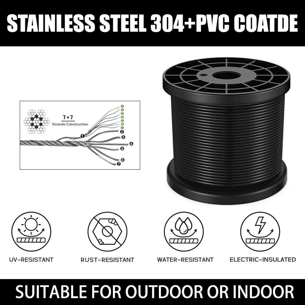 30/50M 2mm Black Stainless Steel Wire Rope Kit Heavy Duty Garden Wire Cable Balcony Railing Farm Fence Tent Roll 304 PVC Coated