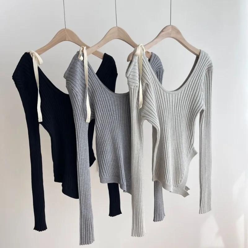 

Irregular Sweet Fresh Knitted Jumper All-match Two Outfit Commuter Knit Pullover Japan Skew Collar Lace Up Off Shoulder