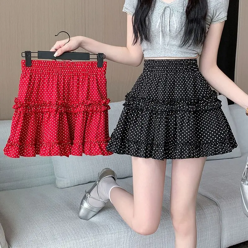 Women's Dot Red Ball Gown Mini Skirt Elastic Waist 2026 A Line Y2k Clothes Oversized Sweet Cute Black Kawaii Skirts With Shorts