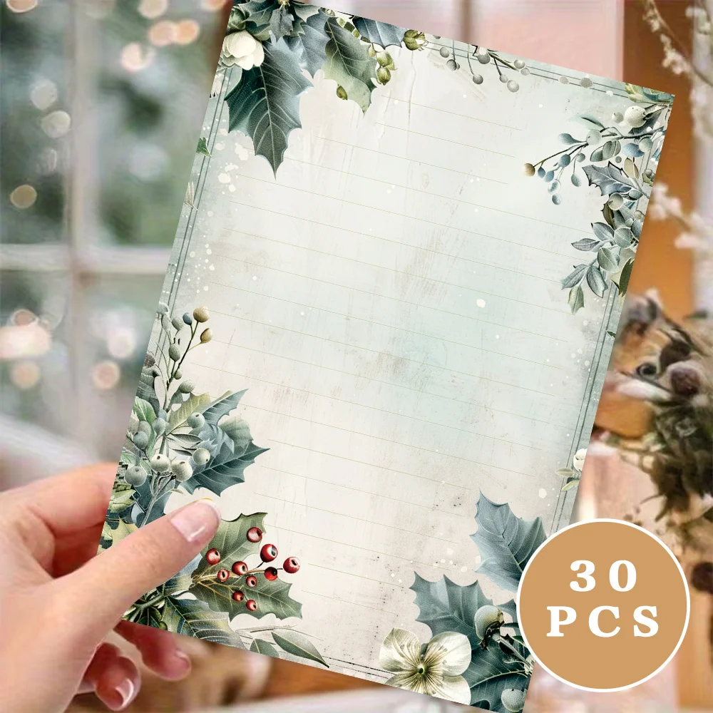 30 Sheets. B5 Ink Wash Winter Green Leaf Stationery Paper, Letter Paper, Tearable Notepad, Perfect For Writing Letters