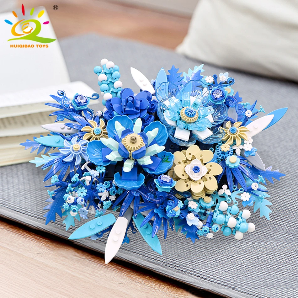 HUIQIBAO 917PCS MOC Blue Flower Model Building Blocks 3D flores Bouquet Potted Plants Bricks Kits Children DIY Toy Home Decor