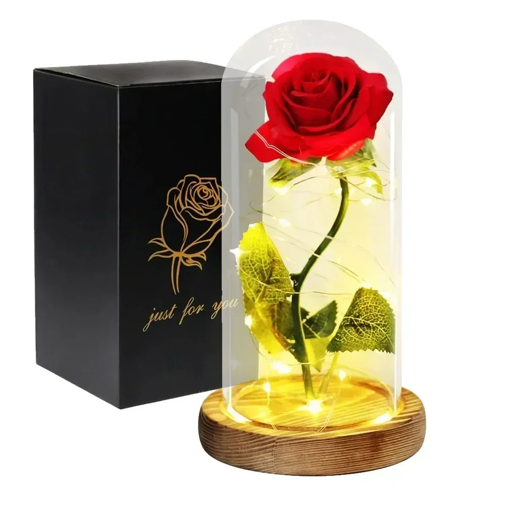 Artificial Flowers Beauty and the Beast Eternal Rose in Glass Cover Valentine's Day Wedding Birthday Decor for Gift