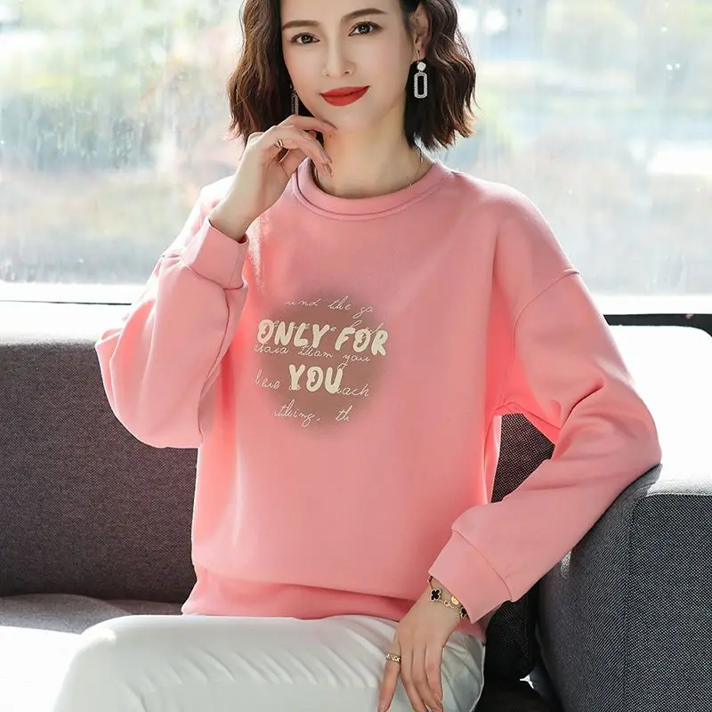 

Женская толстовка с круглым вырезом с принтом, новинка 2023 года, осень, свободный однотонный повседневный модный универсальный топ с длинными рукавами