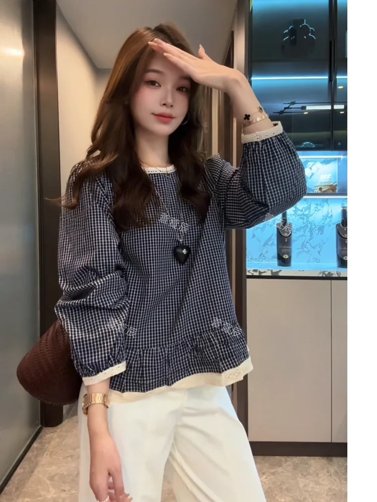 

Loose round Ne Plaid Long Sve irt Casual Sle Women's Faionable Autumn Clothing Blue Mohito Cheered irt