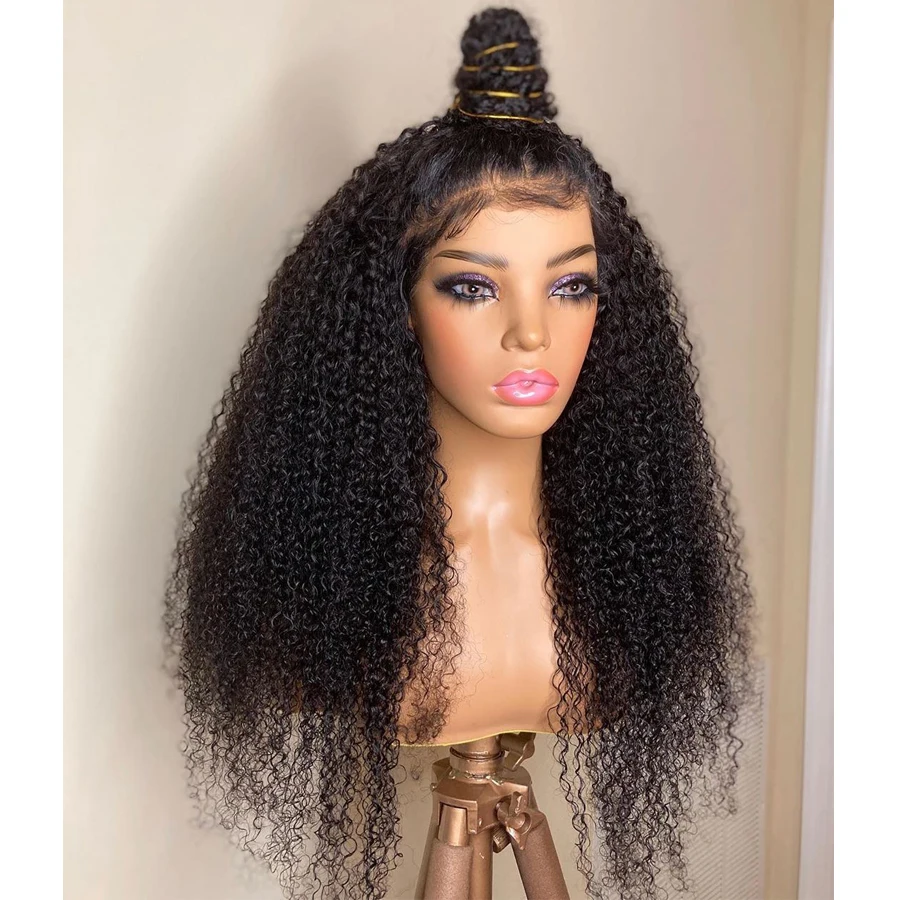 Peruca dianteira do laço longo Kinky Curly para mulheres, preto natural, cabelo do bebê, resistente ao calor, sem cola, pré-arrancadas diariamente, 180 densidade, 26"