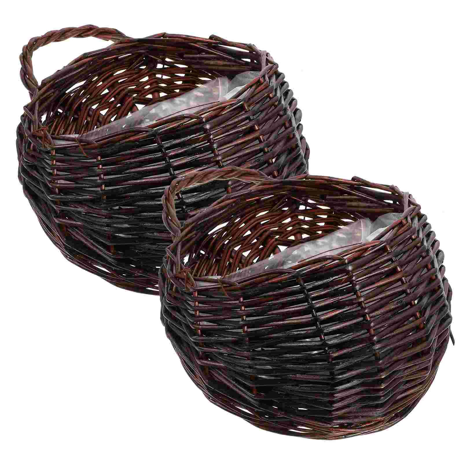 2 Pcs Wall Hanging Rattan Flower Basket Fruit Planter Sundries Organizer Laundry Kitchen Storage Wooden Woven for Holder