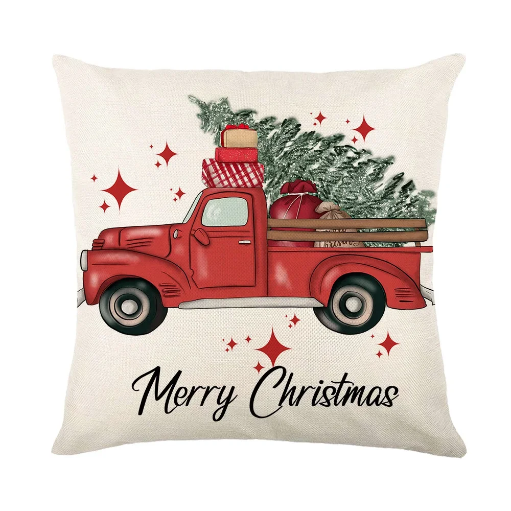 Christmas Cushion Cover 18x18 Inches Xmas Throw Pillow Covers Christmas Tree Red Trucks Print Pillowslip Home Decor Pillowcase