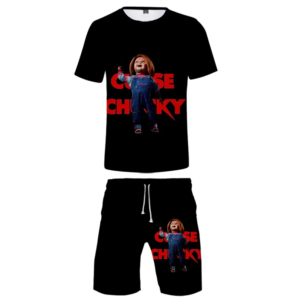2025 3D printed fashion set, streetwear horror movie set, 2-piece set, summer short sleeved T-shirt shorts
