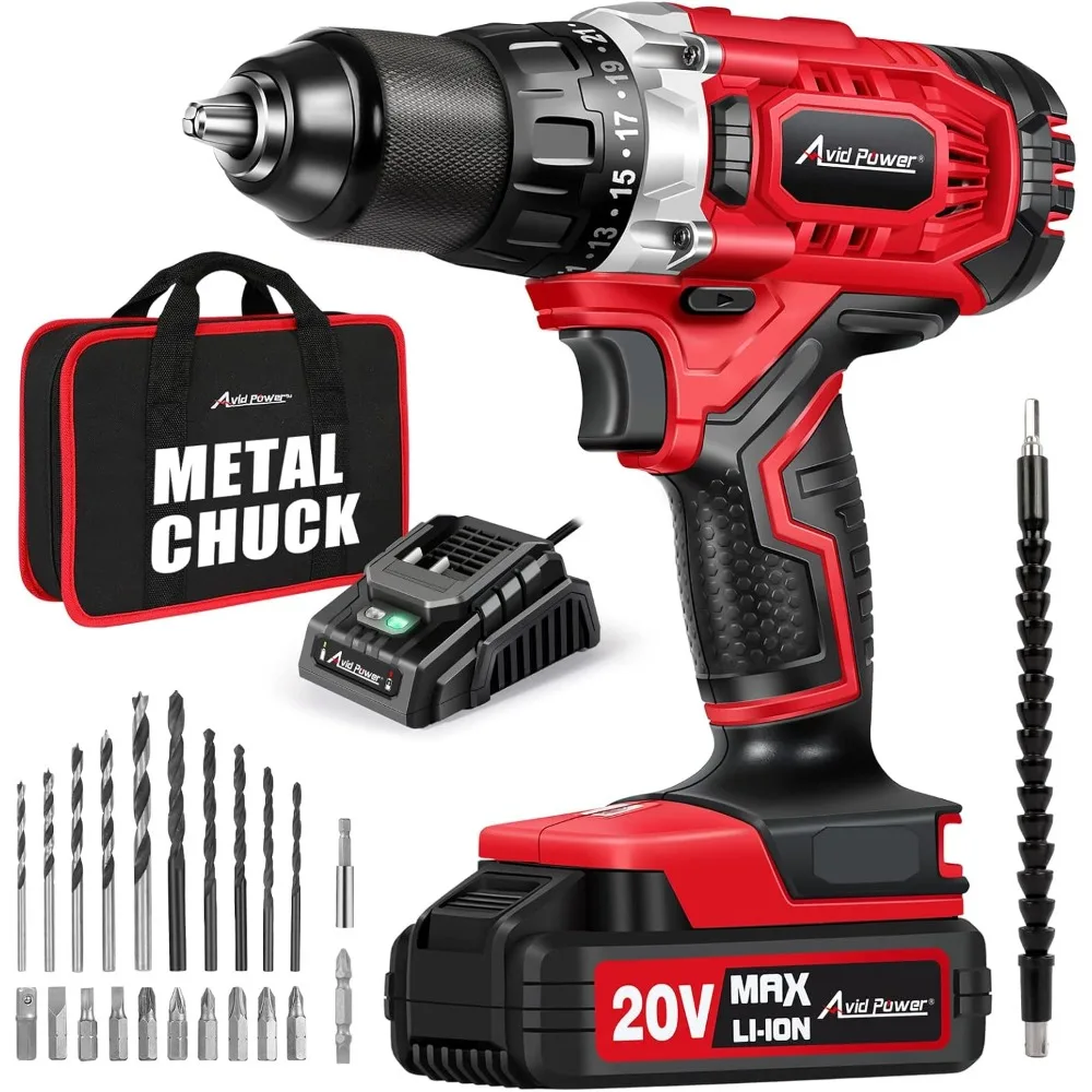 

20V Electric Drill with Battery and Fast Charger, Variable Speed, 23+1 Torque Setting, 23pcs Accessories