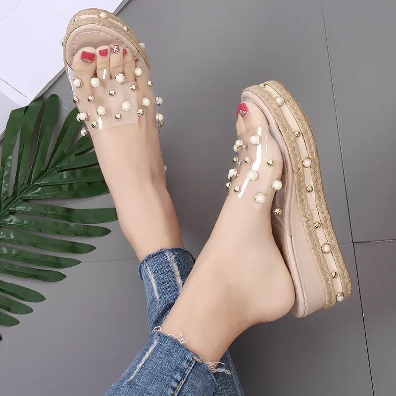 Summer Transparent Platform Slippers Open Toe Women\'s Wedge Slippers High Heels Platform Casual Women