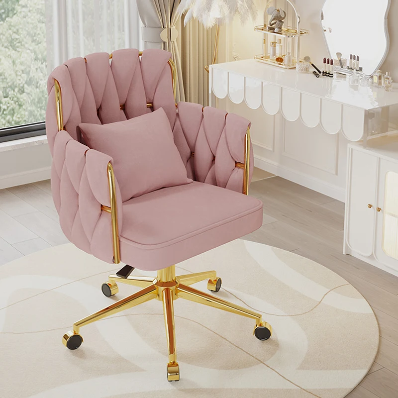 Silla de maquillaje ligera de lujo para dormitorio de niñas, sillón de ocio para oficina en casa, silla de tejido de terciopelo, silla giratoria de