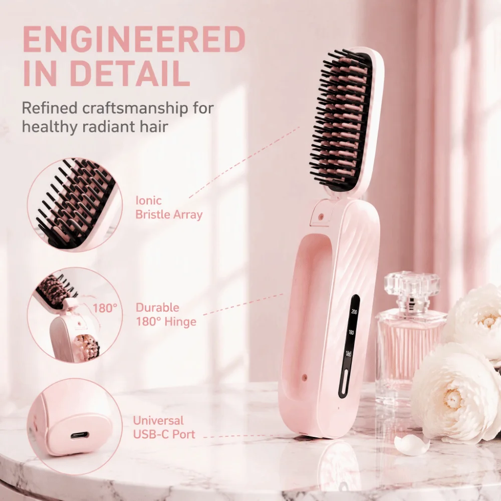 Portable Negative Ion Straightening Brush Foldable Wireless Mini Straight Hair Brush Fast Lightweight Bangs Curling Iron Travel