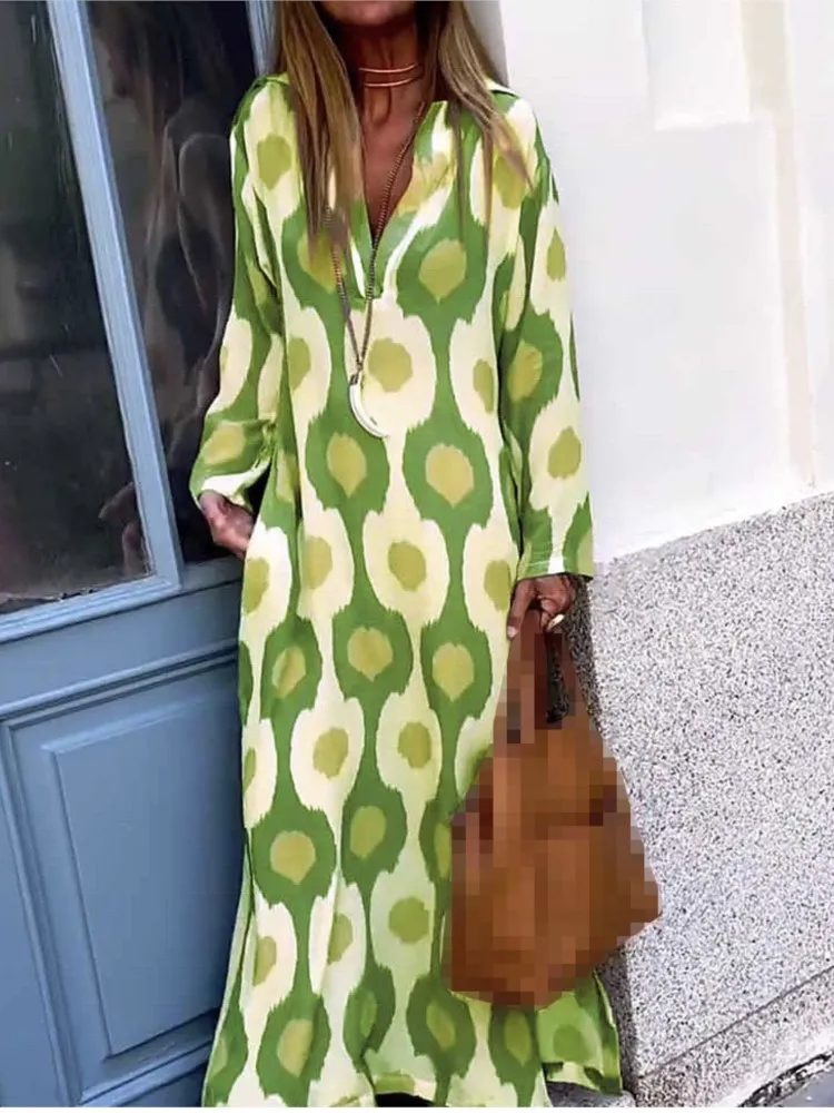 Maxi Dress 2024 Autumn Causal V Neck Long Sleeve Dresses Female Holiday Beach Boho Dress Vestidos Women Geometric Printing Split