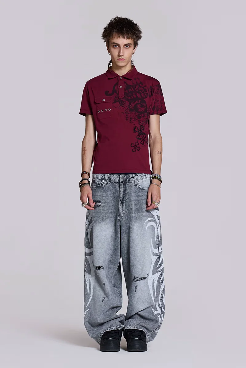 Streetwear Y2K Fashion Oversized Printed Washed Holes Baggy Jeans Men Harajuku Hip Hop Vintag Gothic High Waist Wide-leg Pants