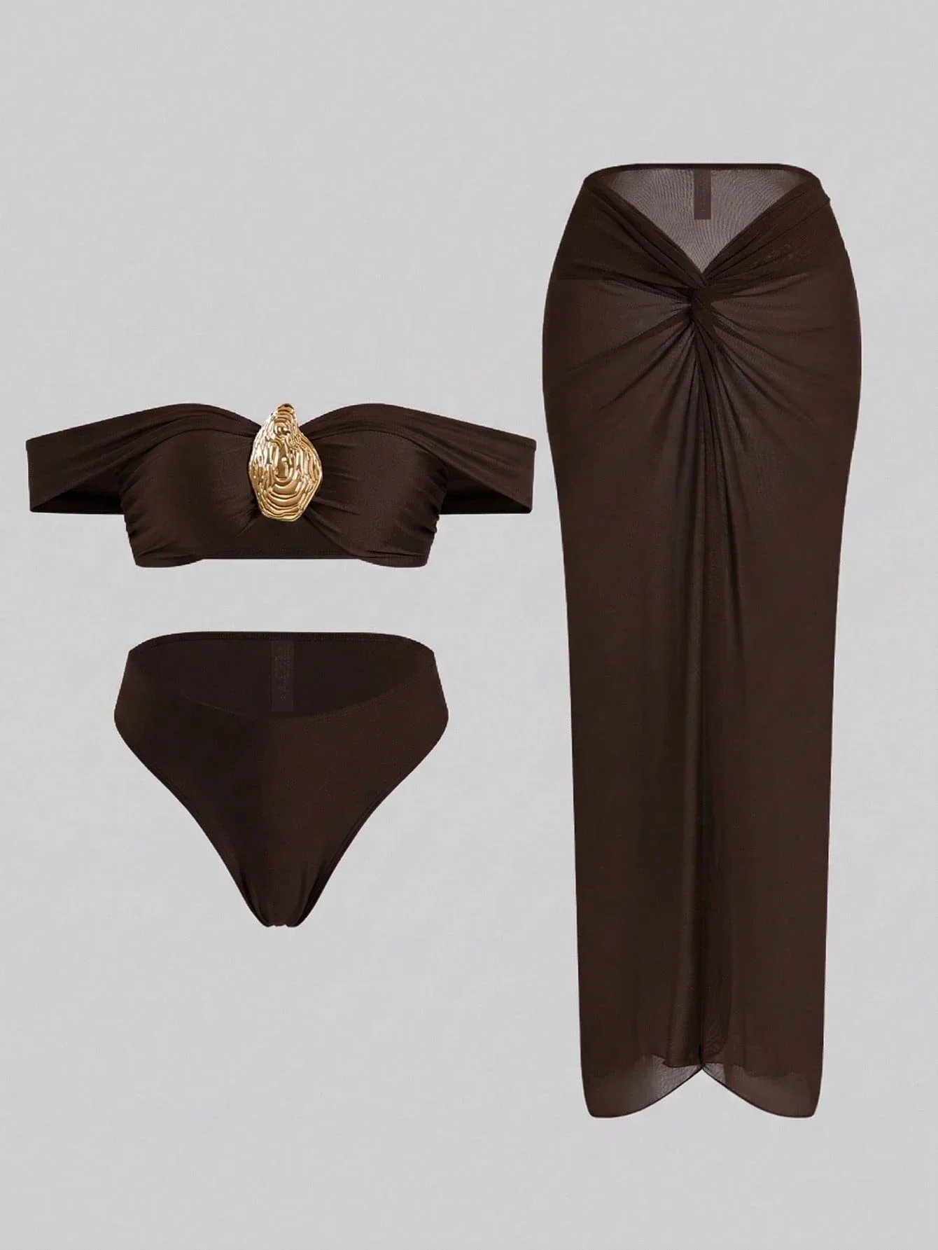 

Women 3-Piece Swimsuit Set Off-Shoulder Gold Decor Semi-Sheer Mesh Twist Maxi Skirt