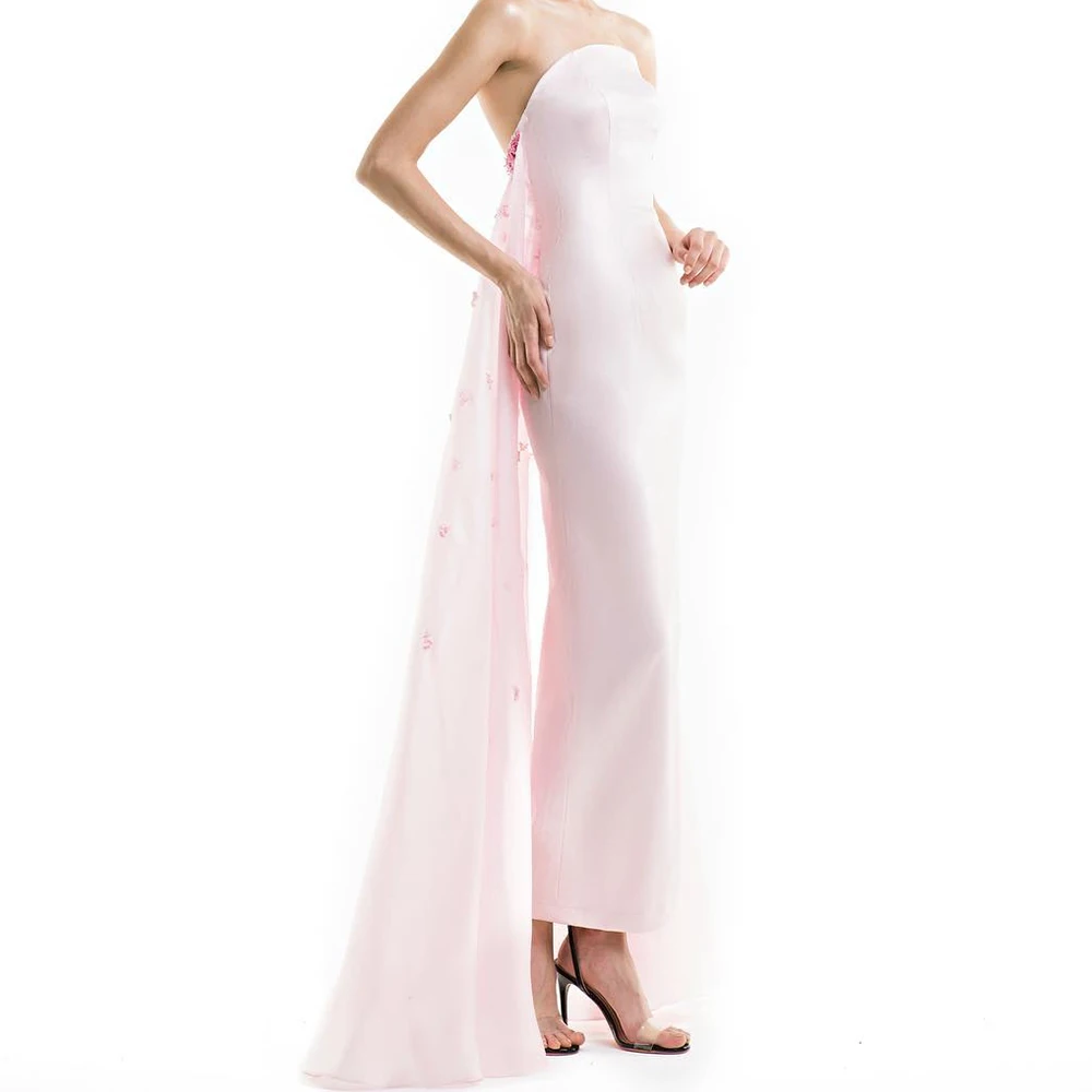 Customized Luxury Satin Straight Strapless Crystal Evening Dress Floor Length Panel Train Photo Color Vestidos para mujer