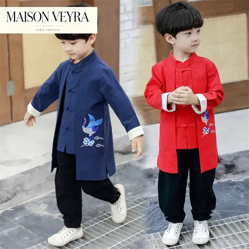 2-piece-children-new-year-traditional-chinese-costumes-oriental-tops-kids-pants-hanfu-sets-vintage-crane-embroidery-tang-suit