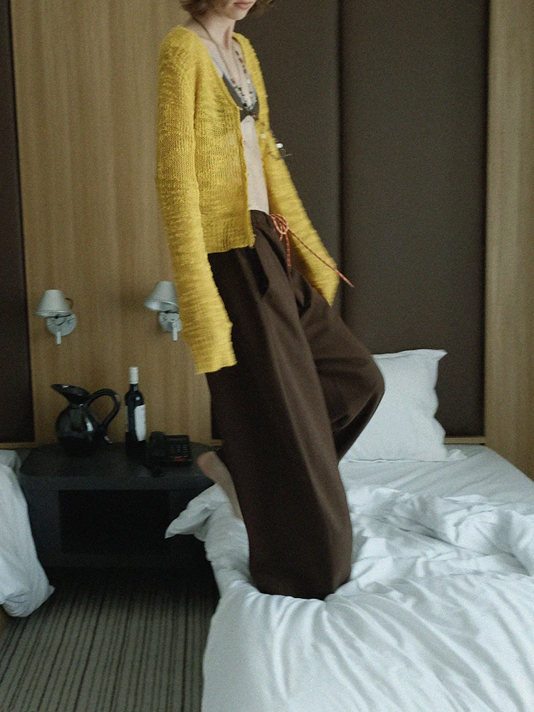 RORIRI السراويل البني للنساء الملونة الرباط مرونة الخصر واسعة الساق تنوعا سراويل تقليدية فضفاضة تناسب ثنى السراويل الطويلة #4