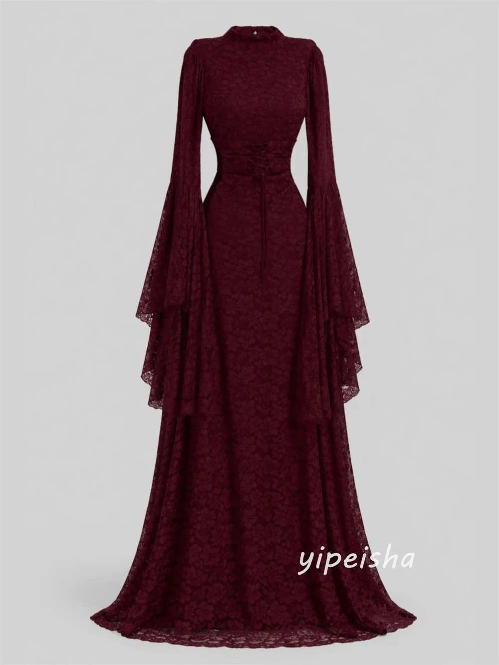 Customized Burgundy Sexy Formal Lace Pleat Sash A-line High Collar Long Dresses Evening Dresses Sizes Available High Quality
