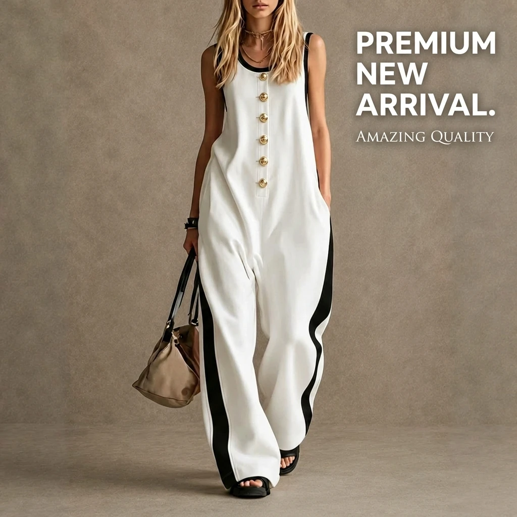 Jumpsuit for Women Sleeveless Round Neck Button Decor Color Block Casual Wide Leg Romper