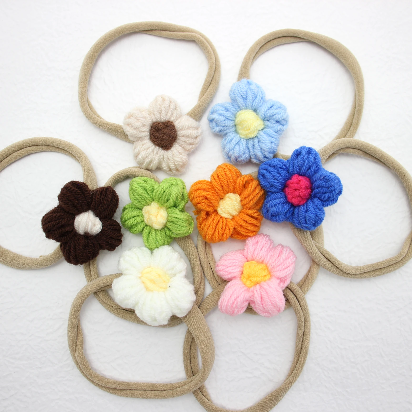 Little Knitted Flower with Nylon Headband Baby Girl Newborn Crochet Hair Flower for Infantil Headwear Photo Prop Hair Accessorie