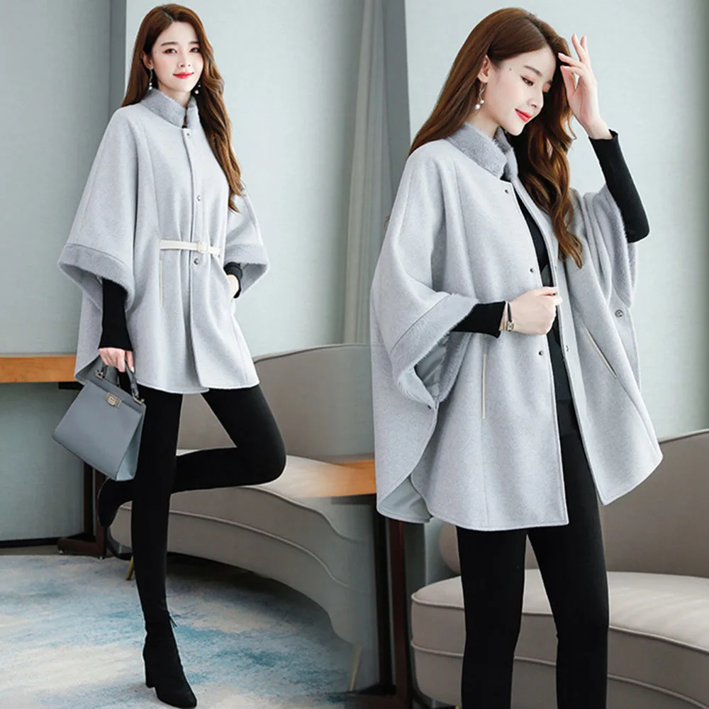 

Women's Winter Poncho Jacket Fashion Faux Mink Fur Collar Cuffs Woolen Blends Cloak Coat Ladies Elegant Cape Outerwear With Belt