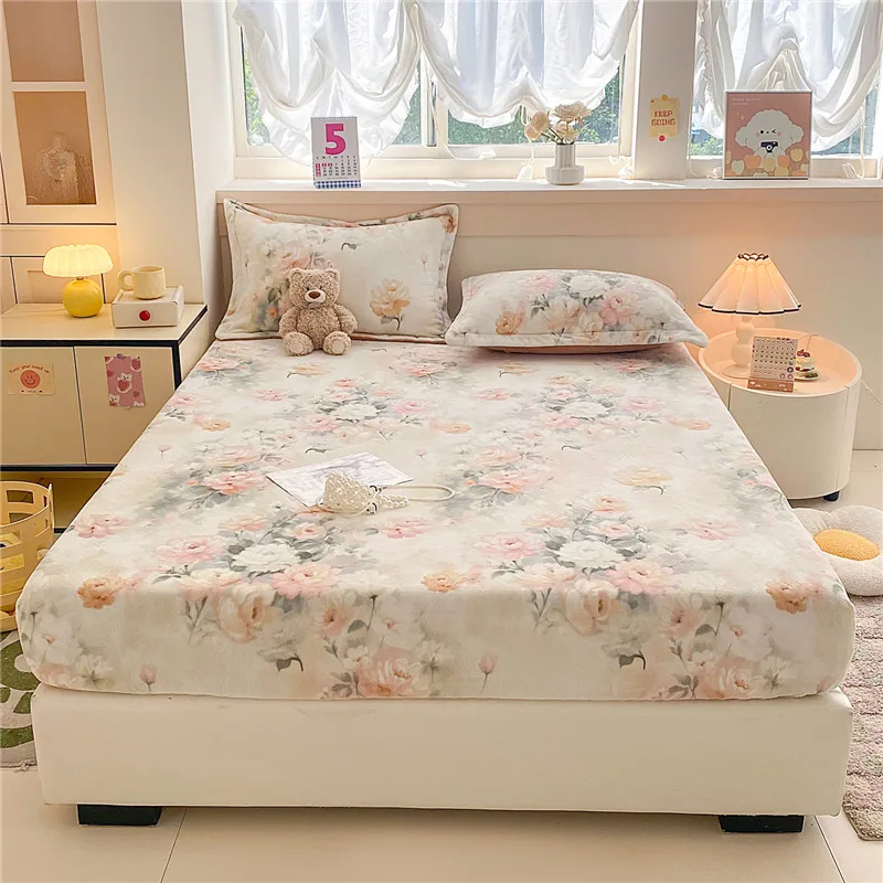 

Зимняя простыня в цветочном стиле, нескользящее постельное белье, приятное для кожи покрывало, односпальная/королевская/королевская простыня (без наволочки)