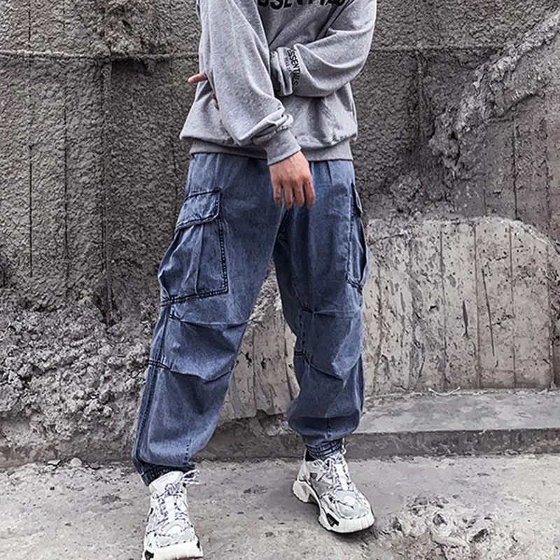New American Retro Heavyweight Denim Cargo Jeans Men's Cotton Washed Loose Casual Multi-pocket Ankle-tied Pants