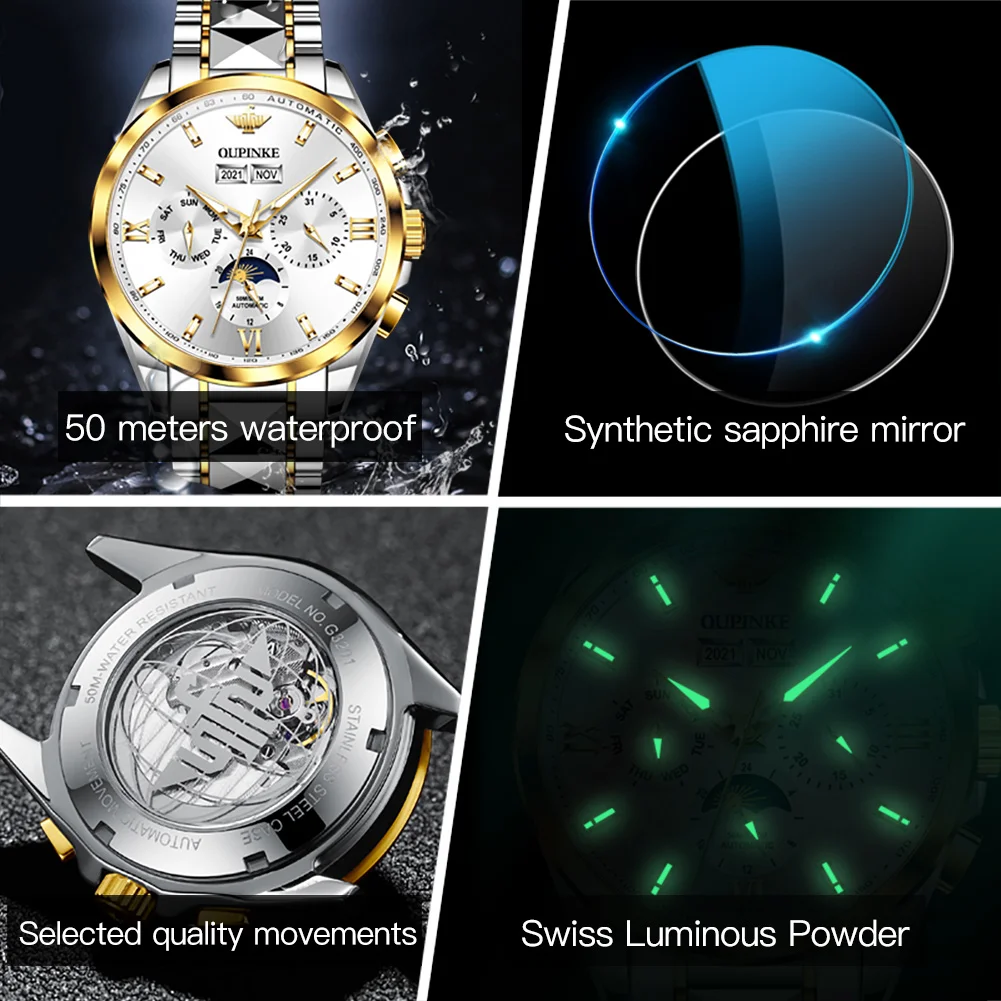 OUPINKE 3201 Auto Date Mechanical Watch For Men Moon Phase Deep Waterproof Dress Hand Clock Luxury Original Man Automatic Watch