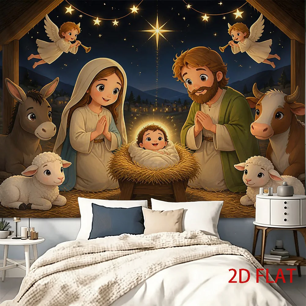 Nativity Scene Tapestry, Holy Family & Baby Jesus Manger, Christian Christmas Wall Hanging, Religious Nursery Decor, Angel Art