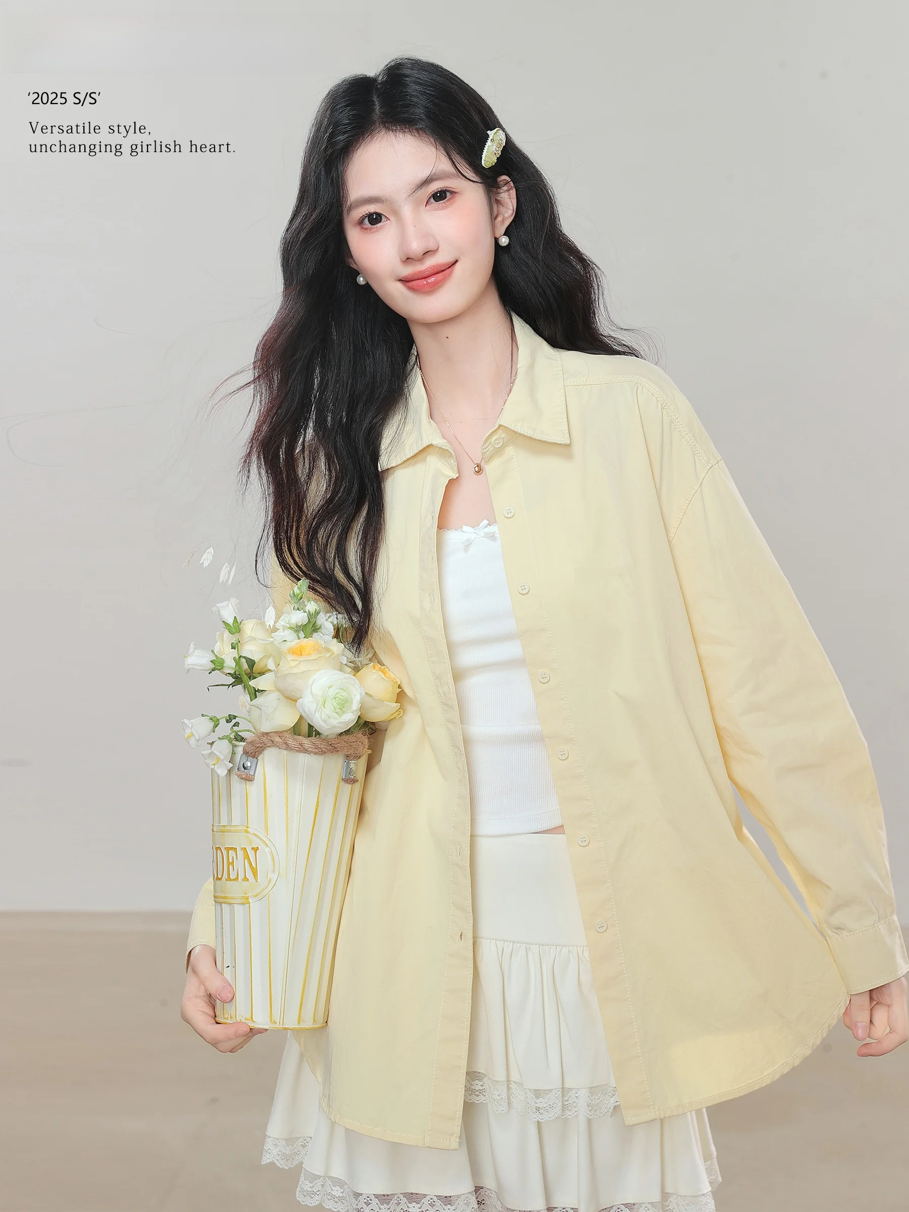 

Lightweight Commute Style Women's Shirt Lingjiu 2026 New UV Protection Pure Color Collar Cotton Long Sleeve Loose Fit