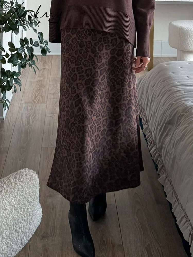 Formal Suede Long Skirt For Women Spring Winter Maxi Leopard Print Skirts A Line Elegant Vintage High Waist Women's Skirts Lady