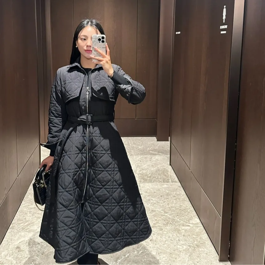 

Ele Thiened длинное клетчатое хлопковое пальто для женщин, черный дизайн с утягивающей талией, корейская верхняя одежда на весну, осень и зиму