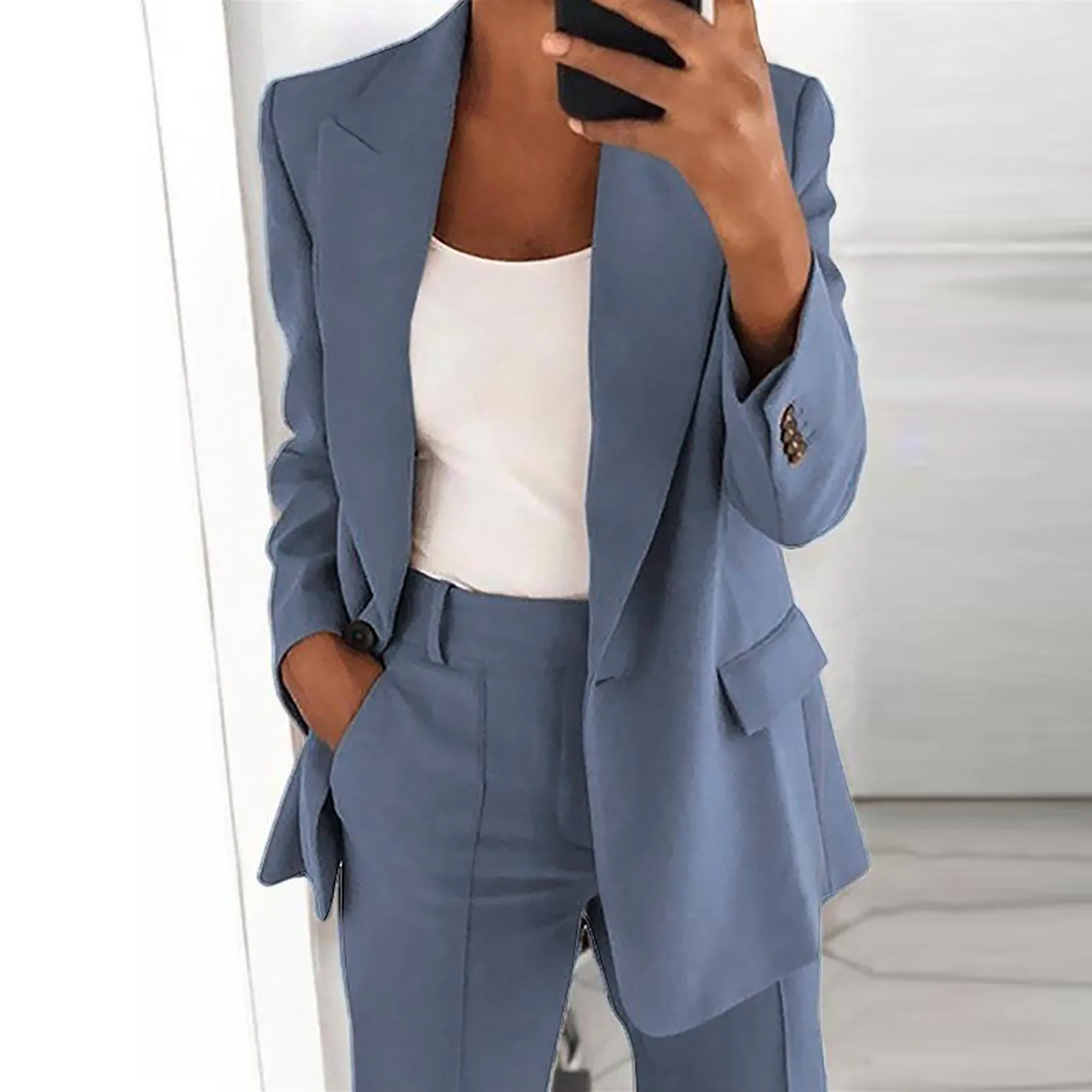 Women\'s Two Piece Lapels Suit Set Office Business Loose Long Sleeve Button Formal Suit Jacket Slim Pockets Straight Trouser Suit