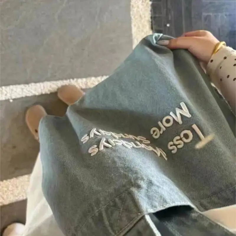 Bloom Retro Denim Letter Embroidered Canvas Bag Women Large Capacity Y2k Shoulder Bags Ladies Portable Casual Shopping Handbag