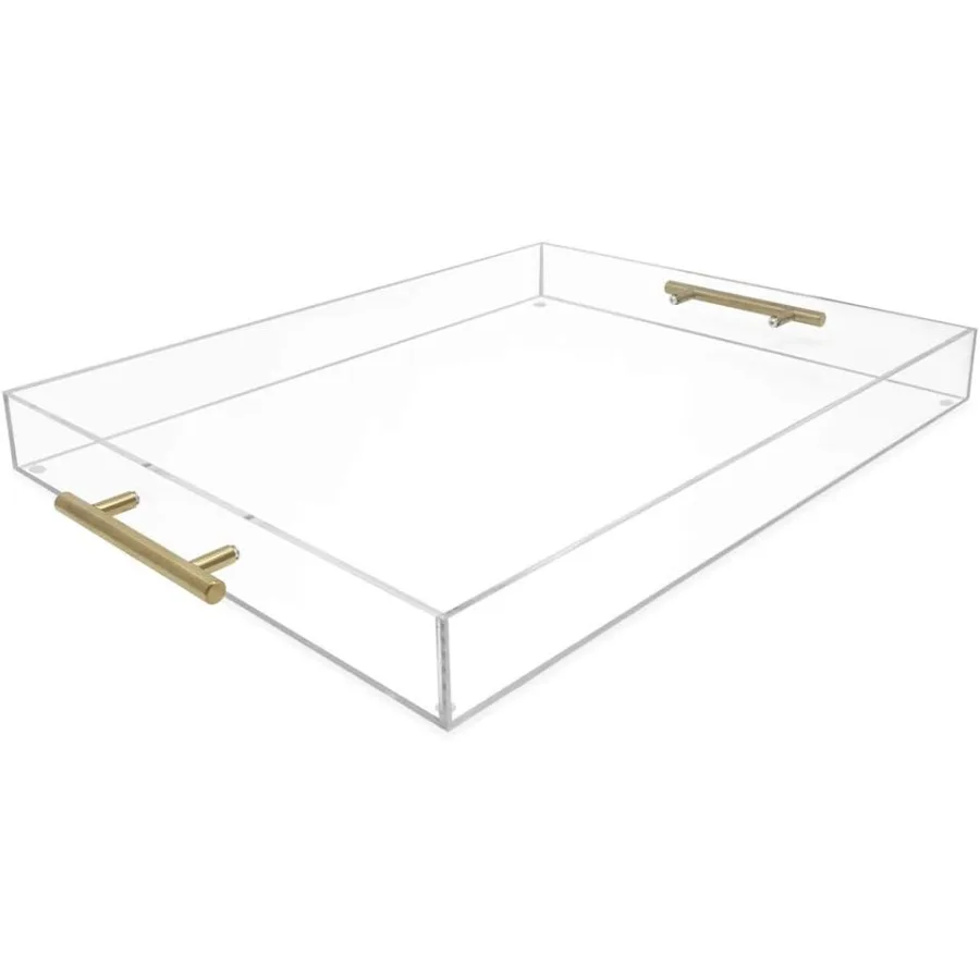 

Прозрачный акриловый сервировочный поднос 16x20 с золотыми металлическими ручками, защищенный от разливов штабелируемый органайзер, сервер для еды и напитков в помещении и на открытом воздухе