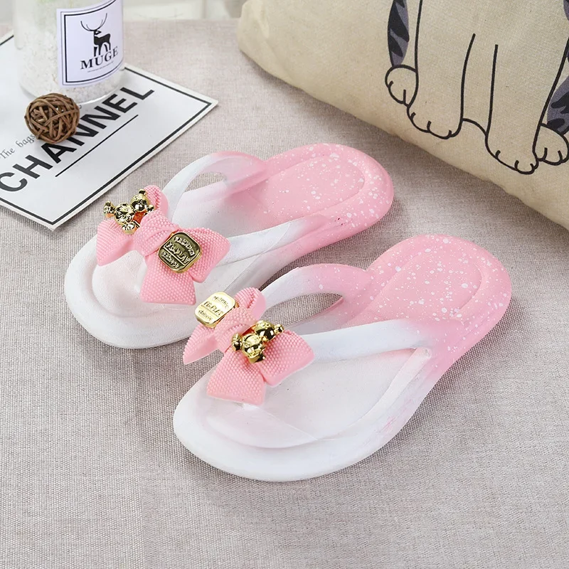 Female Summer Children Thongs Slippers Girl Cartoon Bow Beach Sandls Shoe Parent-child Flip-flops Shoes Student Clip-on Slippers