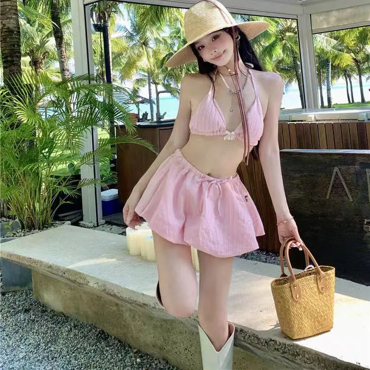 

Pink Sexy Bikini Swimming Suit Women's Tee-piece Set Beach Vaion Bal Pure Desire Skirt Sle Casual Surf Suit