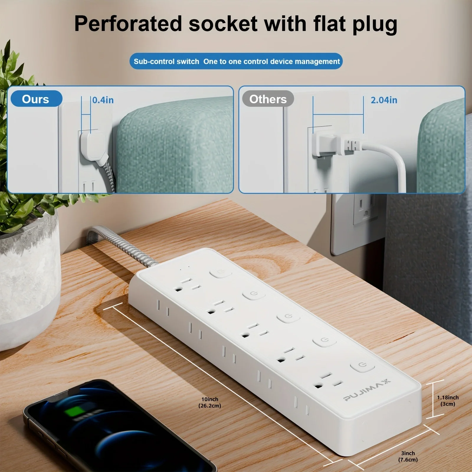 PUJIMAX 2-pack / 1-unit Comes with a 59.06-inch Braided Cable Power Board, 10 AC Plug Ports, Surge Protection, Voltage Stabilization, Simple and Stylish Design, Easy to Install, Suitable for Home, Office, School, Dormitory, Must-have for Home Life.