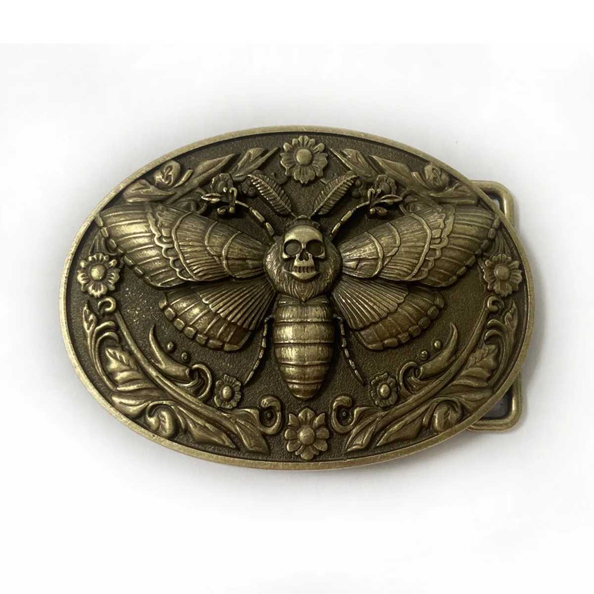 Men Vintage Belt Buckle, Antique Silver Floral Skull Moth Engraved Metal Western Punk Fashion Accessories Dropshipping view 6