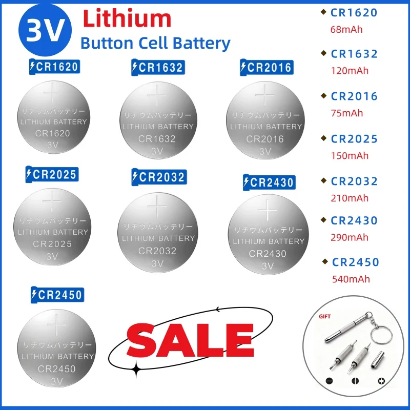 

New 3V CR2032 Lithium Button Cell Batteries Including Models CR2025 CR2016 CR1632 CR2430 and CR2450 for Electronic Products