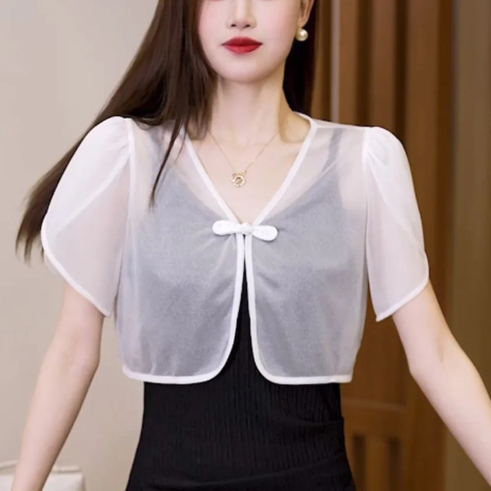 

Thin Jacket Chiffon Chiffon Shawl Short Chinese Style Thin Coat White Black Women Tops Women Girls
