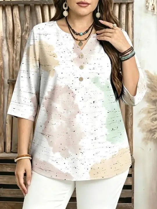 Women Vintage Mottled Tie‑Dye Block Print Blouse Notched Neck 3/4 Sleeve Loose Fit For Curvy Figures Daily Casual Tops