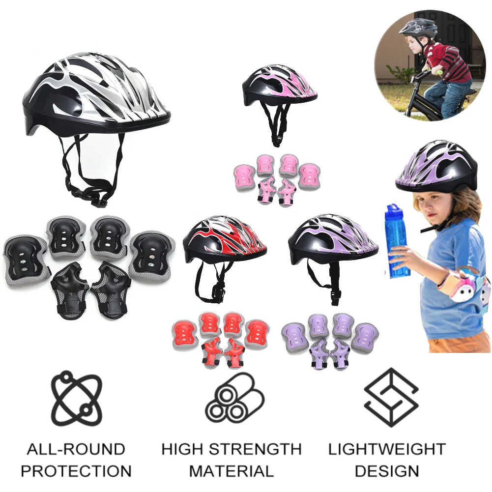 7PCS/Set Bicycle Sport Protective Gear Kids Skateboard Scooter Helmet Knee Elbow Pad with Wrist Guards for Boys Girls Skiing