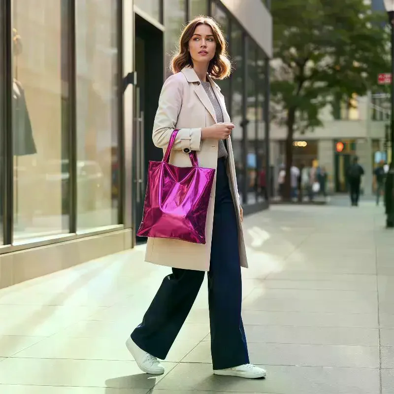 Glossy PU Leather Women Tote Bag Large Capacity Fashion Stylish Handbag for Grocery Shopping Work Commute